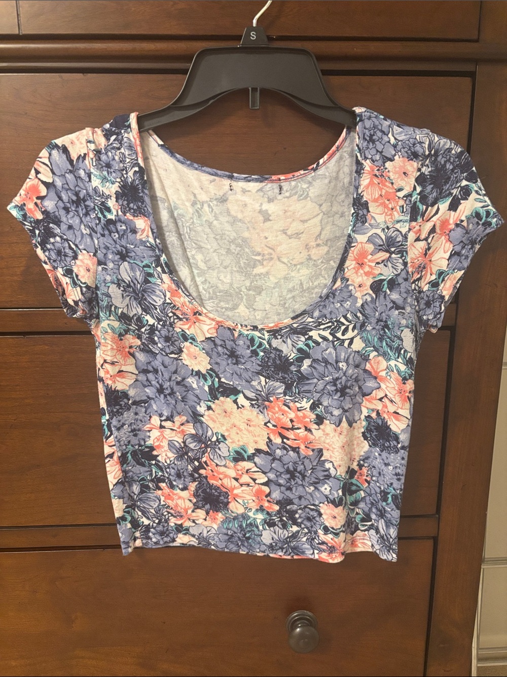Floral Scoop Neck Women's Top - Blue & Coral